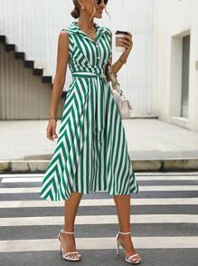 SHEIN Clasi Striped Print Belted Shirt Dress - Green - View 6