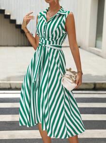 SHEIN Clasi Striped Print Belted Shirt Dress - Green - View 1