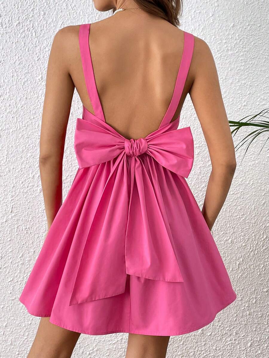 SHEIN VCAY Nơ lớn Không lưng Váy Dây - Hồng - Xem 1