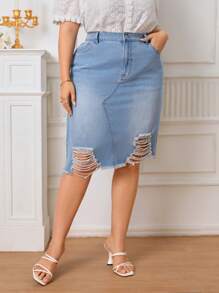 SHEIN Frenchy Plus High Waist Ripped Raw Trim Denim Skirt - Light Wash - View 3