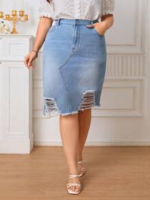 SHEIN Frenchy Plus High Waist Ripped Raw Trim Denim Skirt - Light Wash - View 4
