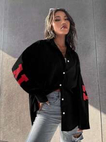 SHEIN Unity 字母圖案落肩袖襯衫 - 黑色 - 查看 4