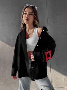 SHEIN Unity 字母圖案落肩袖襯衫 - 黑色 - 查看 5