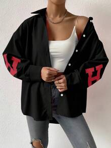 SHEIN Unity 字母圖案落肩袖襯衫 - 黑色 - 查看 6