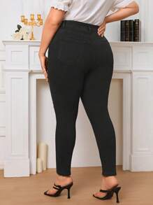 SHEIN Privé Plus High Waist Ripped Skinny Jeans - Black - View 2