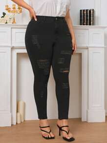 SHEIN Privé Plus High Waist Ripped Skinny Jeans - Black - View 3