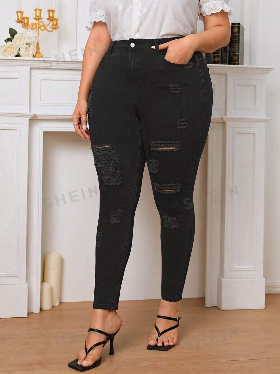 SHEIN Privé Plus High Waist Ripped Skinny Jeans SHEIN Singapore