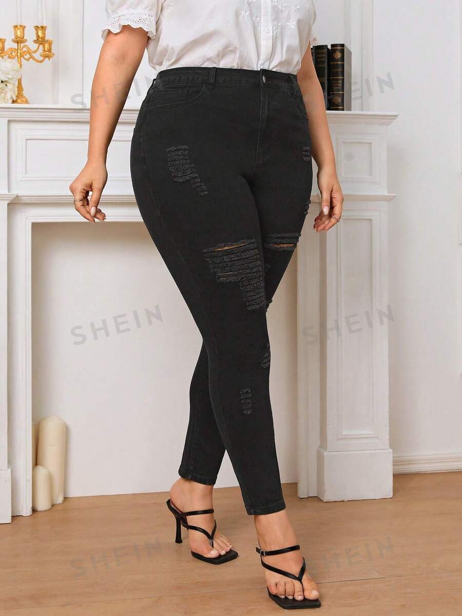 SHEIN Privé Plus High Waist Ripped Skinny Jeans SHEIN Singapore
