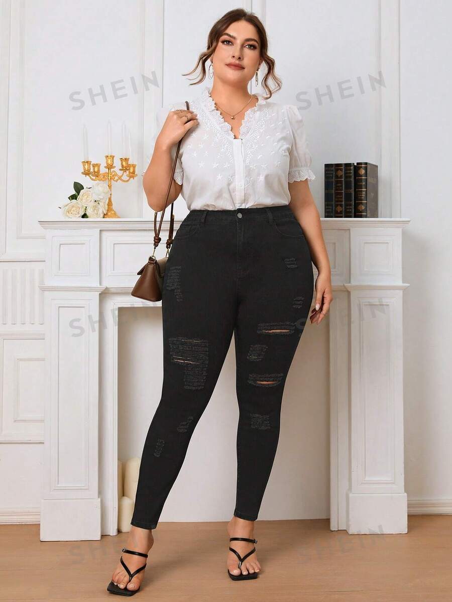 SHEIN Privé Plus High Waist Ripped Skinny Jeans SHEIN Singapore
