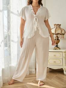Plus Ruffle Trim Knot Front PJ Set / Pajama Set