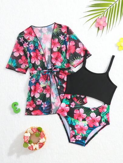 女嬰印花鏤空連體泳衣附和服