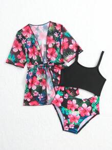 女嬰印花鏤空連體泳衣附和服 - 彩色 - 查看 5