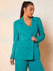 SHEIN BAE Lapel Neck Double Breasted Flap Detail Blazer - Cadet Blue - View 2