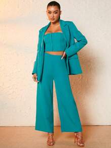 SHEIN BAE Lapel Neck Double Breasted Flap Detail Blazer - Cadet Blue - View 4