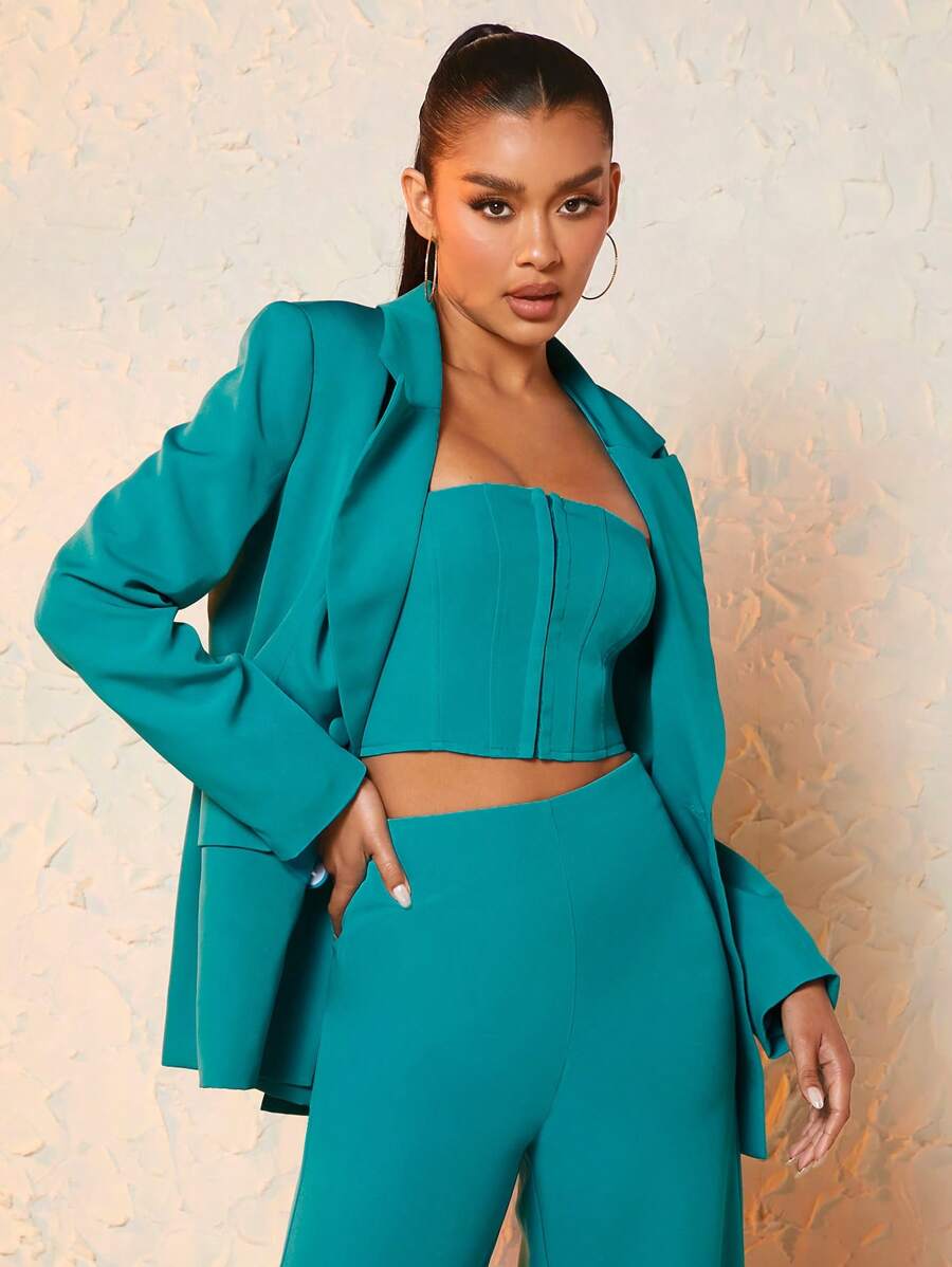 SHEIN BAE Lapel Neck Double Breasted Flap Detail Blazer - Cadet Blue - View 1