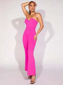 SHEIN BAE Button Front Flare Leg Tube Jumpsuit - Hot Pink - View 3