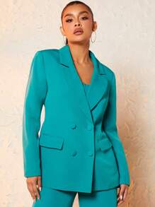 SHEIN BAE Lapel Neck Double Breasted Flap Detail Blazer - Cadet Blue - View 5