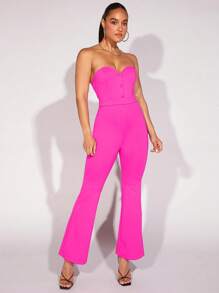 SHEIN BAE Button Front Flare Leg Tube Jumpsuit - Hot Pink - View 4