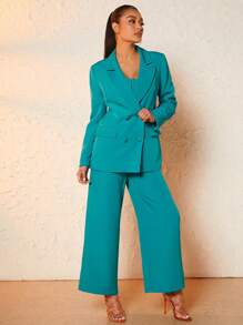 SHEIN BAE Lapel Neck Double Breasted Flap Detail Blazer - Cadet Blue - View 6
