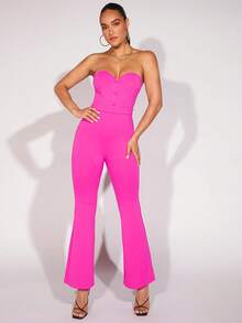 SHEIN BAE Button Front Flare Leg Tube Jumpsuit - Hot Pink - View 6