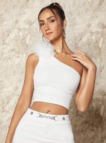 SHEIN BAE 單肩貼花細節褶邊短款上衣 - 白色 - 查看 3