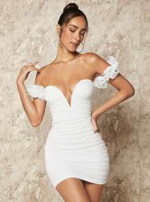 SHEIN BAE Off Shoulder Ruched Bodycon Dress - White - View 5