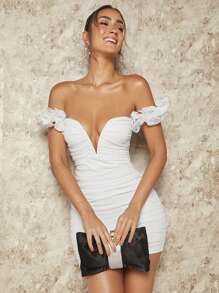 SHEIN BAE Off Shoulder Ruched Bodycon Dress - White - View 6