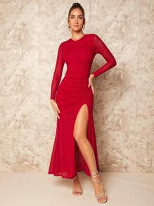 SHEIN BAE Ruched Split Thigh Mesh Sleeve Dress - Red - View 1