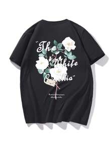 Manfinity 男士花和標語圖案落肩T恤 - 黑色 - 查看 2