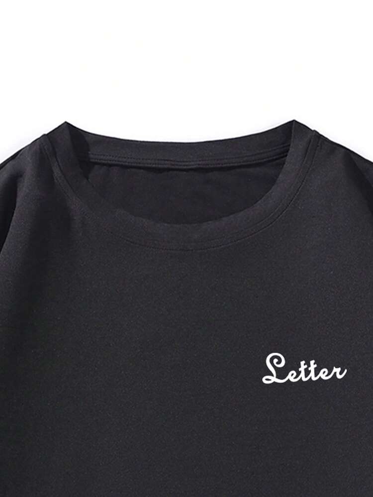 Manfinity 男士花和標語圖案落肩T恤 - 黑色 - 查看 4