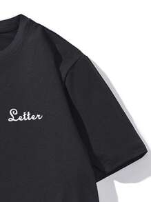 Manfinity 男士花和標語圖案落肩T恤 - 黑色 - 查看 5