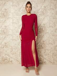 SHEIN BAE Ruched Split Thigh Mesh Sleeve Dress - Red - View 6