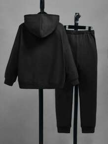 SHEIN Leap Crew 2件套男童印花针织加厚抓绒套装 - 黑色 - 查看 2