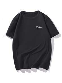 Manfinity 男士花和標語圖案落肩T恤 - 黑色 - 查看 6