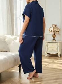 Plus Contrast Piping PJ Set / Pajama Set - Navy Blue - View 2