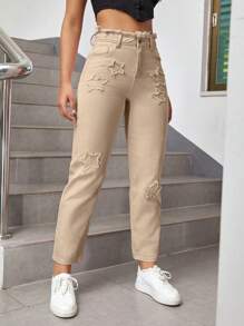 Star Patched Mom Fit Jeans - Khaki - View 2