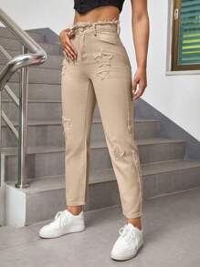 Star Patched Mom Fit Jeans - Khaki - View 4