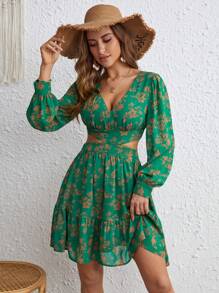 SHEIN VCAY 印花腰部鏤空荷葉邊連衣裙 - 綠色 - 查看 1