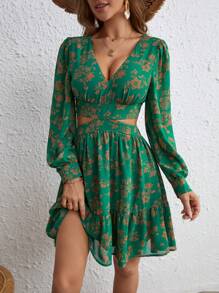 SHEIN VCAY 印花腰部鏤空荷葉邊連衣裙 - 綠色 - 查看 5