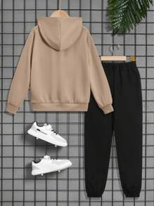 SHEIN Tween Boy Japanese Letter & Figure Graphic Hoodie & Drawstring Waist Sweatpants - Multicolor - View 2