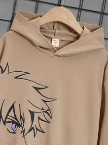 SHEIN Tween Boy Japanese Letter & Figure Graphic Hoodie & Drawstring Waist Sweatpants - Multicolor - View 3