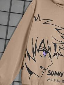 SHEIN Tween Boy Japanese Letter & Figure Graphic Hoodie & Drawstring Waist Sweatpants - Multicolor - View 6