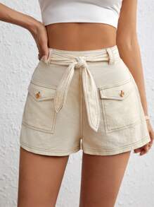 SHEIN VCAY Flap Pocket Belted Cargo Shorts - Beige - View 1