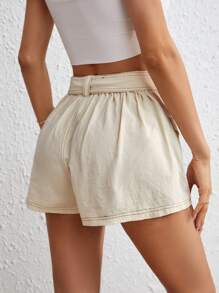 SHEIN VCAY Flap Pocket Belted Cargo Shorts - Beige - View 2