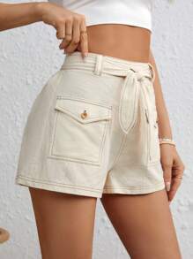 SHEIN VCAY Flap Pocket Belted Cargo Shorts - Beige - View 5