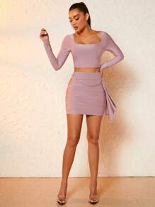 SHEIN BAE 鏈條細節側垂褶邊PU皮革包臀半身裙 - 藕粉色 - 查看 6