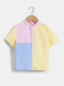 SHEIN Toddler Boys' Casual Comfortable Fashionable Simple Soft Practical Front Dopamine Multi-colour Macaron Colour Series Spliced Vertical Stripe Half-placket Button-down Shirt - Multicolor - View 1