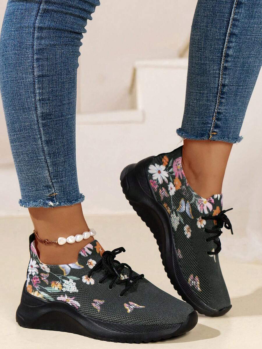 Women's Outdoor Fashionable Sports Printed Running Shoes - Black - View 1