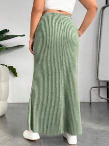 SHEIN EZwear 大碼高衩條紋針織半身裙 - 薄荷綠 - 查看 2