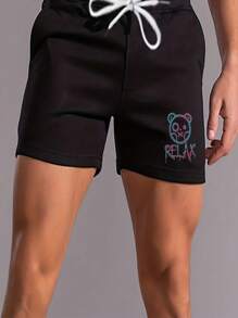 Manfinity Roghcode Men Bear & Letter Graphic Drawstring Waist Shorts - Black - View 5